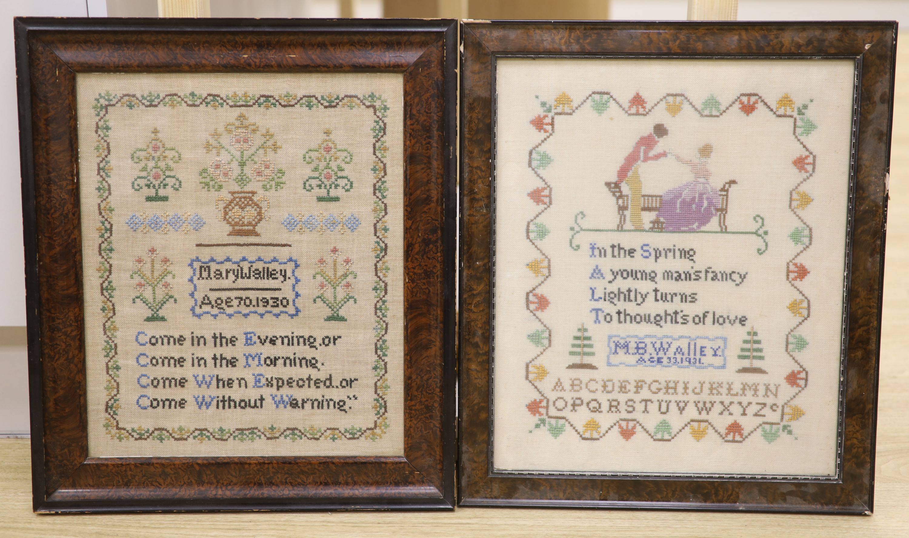 Two needlework samplers, 1930 and 1931